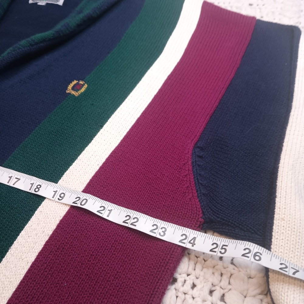 SIEGFRIED Vtg XL Color Block Striped Knit Button Shawl Varsity Crest Sweater - Picture 7 of 12